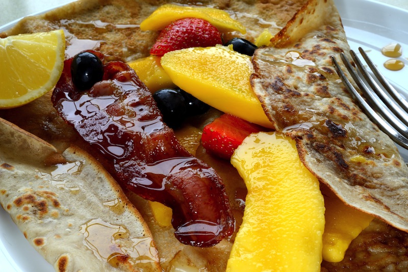 Breakfast crepes with fruit, bacon & maple syrup Sam Stern