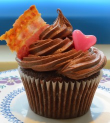 Chocolate Cupcakes & Chocolate Peanut Butter Icing & Bacon Wafers
