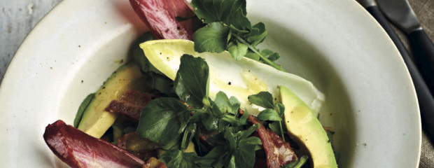 Punchy Chicory, Watercress, Bacon, Avocado in a Honey Mustard Dressing
